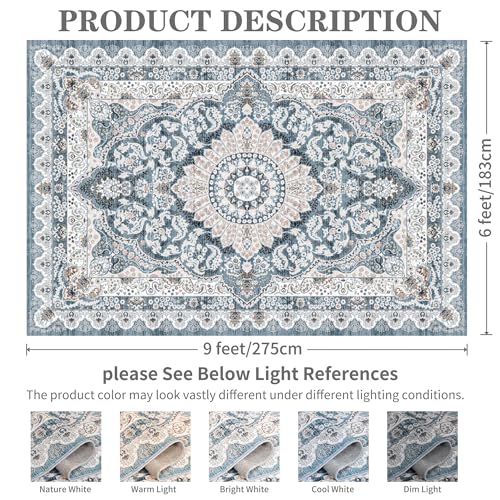 Blue Washable Area Rug 6x9 Ft - Vintage Geometric Floral Flat-Back Carpet