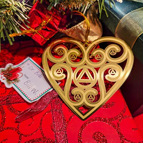 AA Recovery Heart Sobriety Christmas Ornament | Alcoholics Anonymous Sober Gift | Stamped Brass