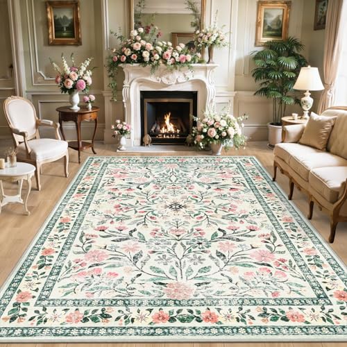 PLHXFR 8x10 Green Beige Floral Washable Area Rug for Living Room