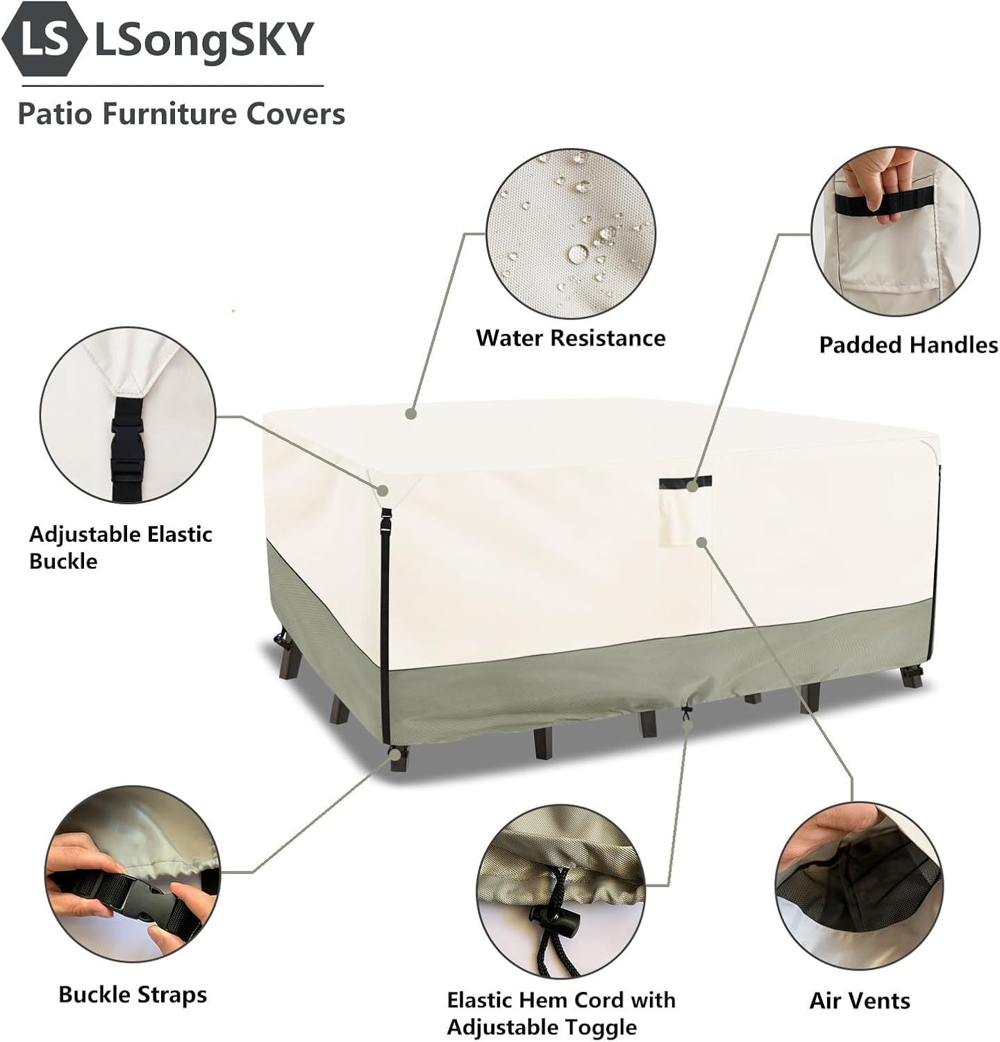 Skiennix Waterproof Outdoor Furniture Covers - Heavy Duty 600D Protection for Dining Table & Chairs | Beige 111L x 74W x 28H Inch