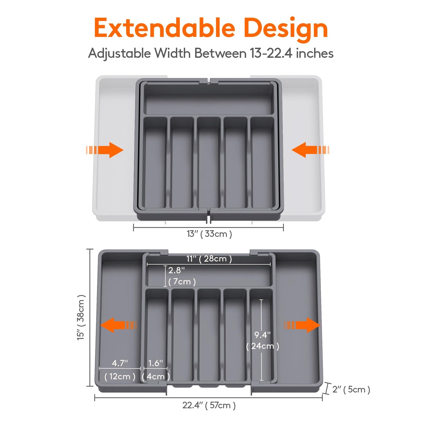 Lifewit Silverware Drawer Organizer, Expandable Utensil Tray for Kitchen, BPA Free Flatware and Cutlery Holder, Adjustable Plastic Storage for Spoons Forks Knives, 13-22 x 15", Dark Gray