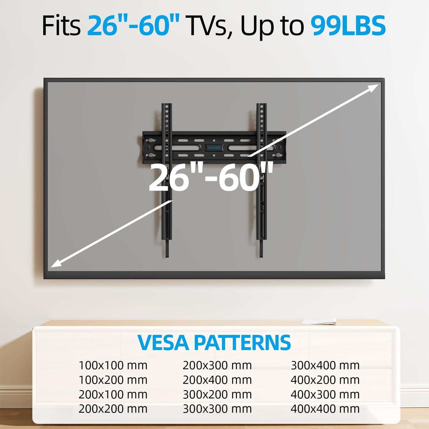 USX STAR Fixed TV Wall Mount - Ultra Slim Design for 26-60 Inch Screens | Quick Release Lock, Max VESA 400x400mm, Holds 99 lbs
