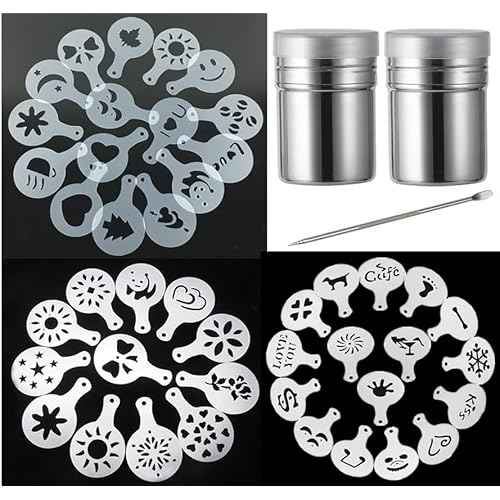 44 Coffee Stencils+2 Mesh Powder Shakers+1 Coffee Latte Art Pen, Coffee Decoration Stencils Coffee Art Templates Coffee Mold Tool for Christmas Thanksgiving Cake Coffee