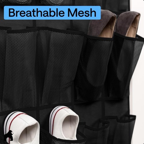 GORILLA GRIP Over The Door Shoe Organizer - 24 Large Breathable Mesh Pockets | Space-Saving Hanging Storage in Black
