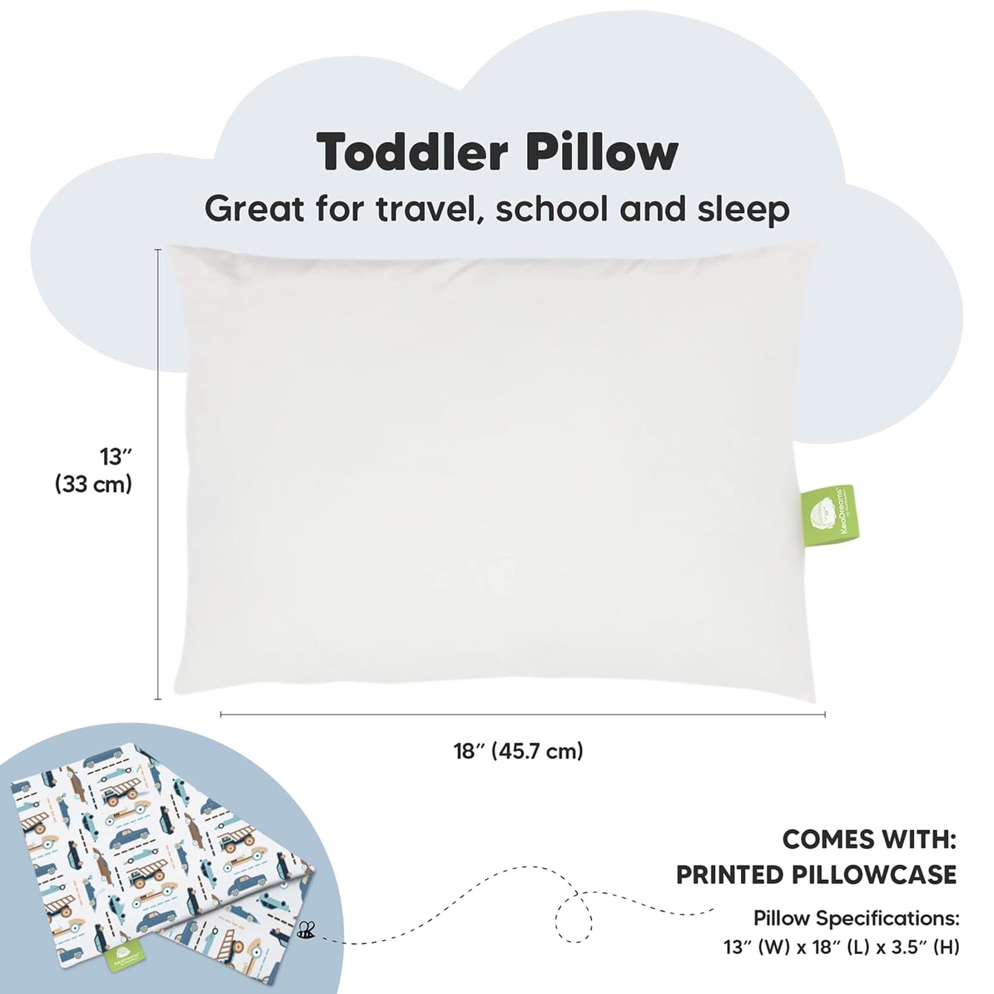 My Little Dreamy Toddler Pillow - Organic Cotton Travel Bed Pillow with Soft Pillowcase | 13x18, Machine Washable, Ideal for Ages 2-5 (Vroom)