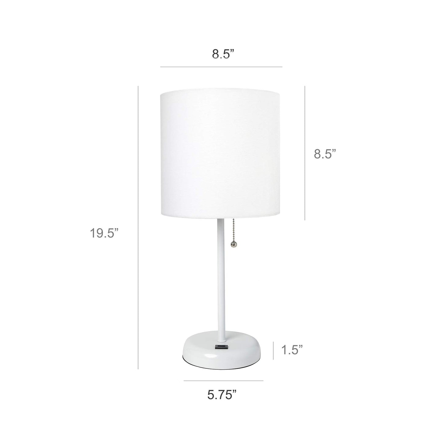 Simple Designs LC2002-WOW-2PK White Stick Table Lamp Set with USB Charging Port and White Fabric Shades, 2 Pack Set