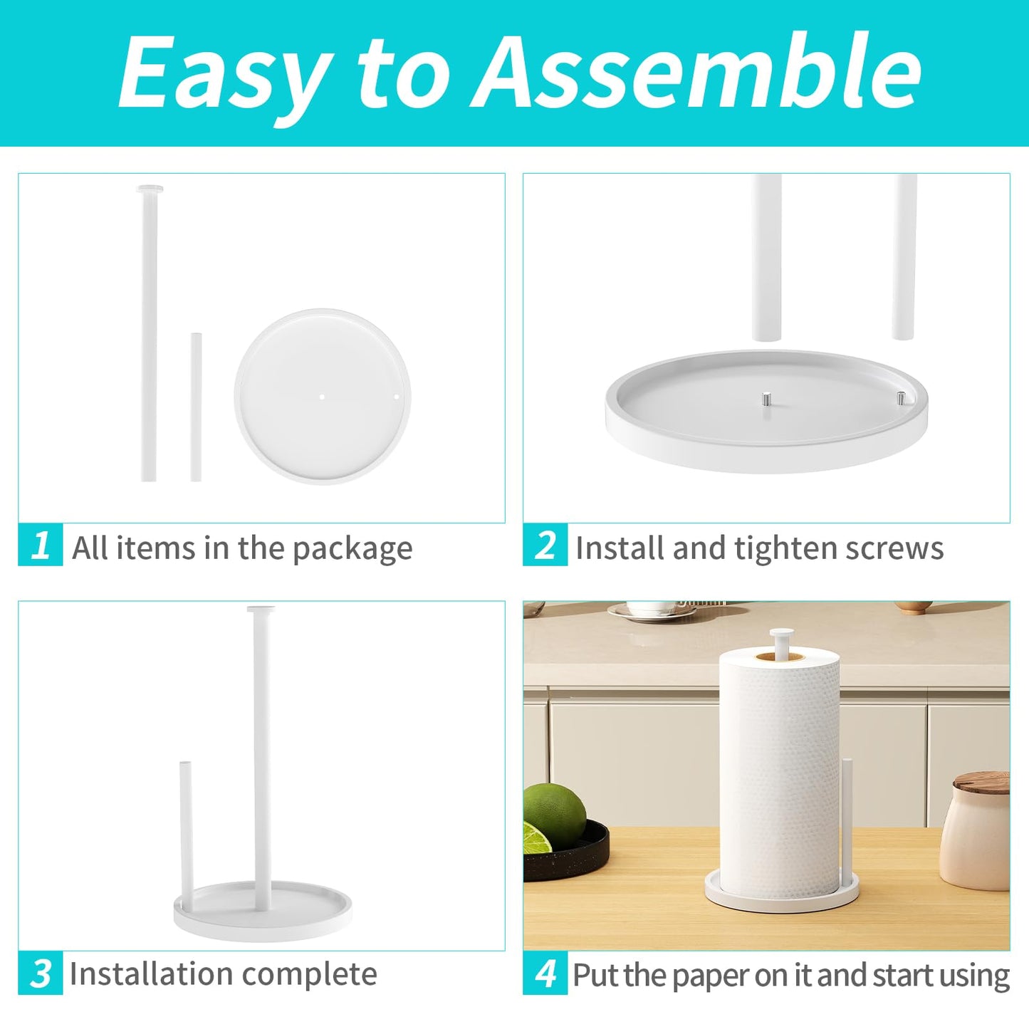 Paper Towel Holder Countertop, Standing Paper Roll Holder with Anti Slip Weighted Base, Stainless Steel Freestanding Paper Towel Holder for Kitchen, White