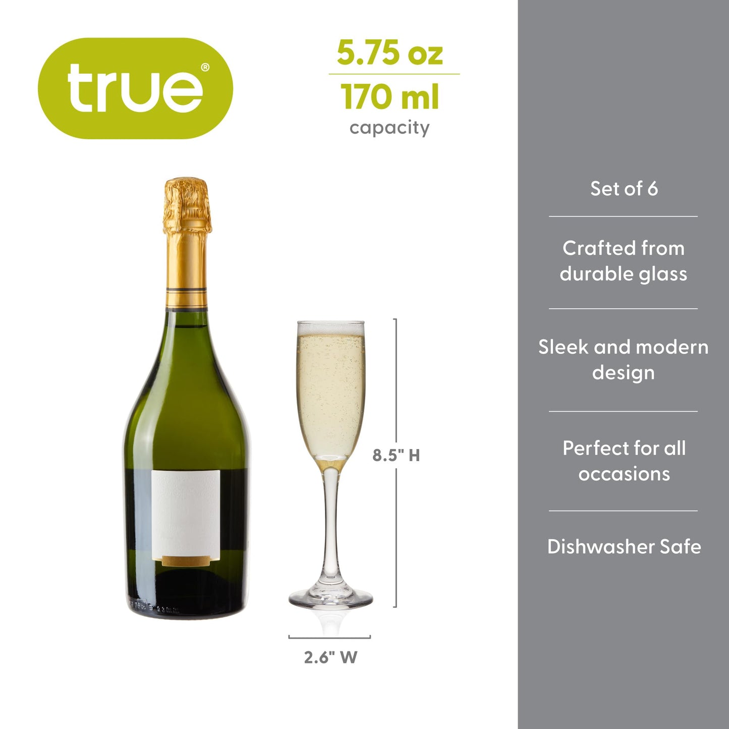 TRUE Stemmed Champagne Flutes, Elegant Clear Champagne Glasses Gift Set, Perfect for Prosecco, Sparkling Rose, Mocktails, Home Bar, Housewarming Party, Wedding Gifts, 5.75 oz, Set of 6