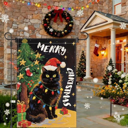 Merry Christmas Garden Flag 12x18 Inch Double Sided Black Cat Xmas Winter Yard Flag Small Mini Yard Lawn Outside Holiday Party Decoration Outdoor Christmas Decorations