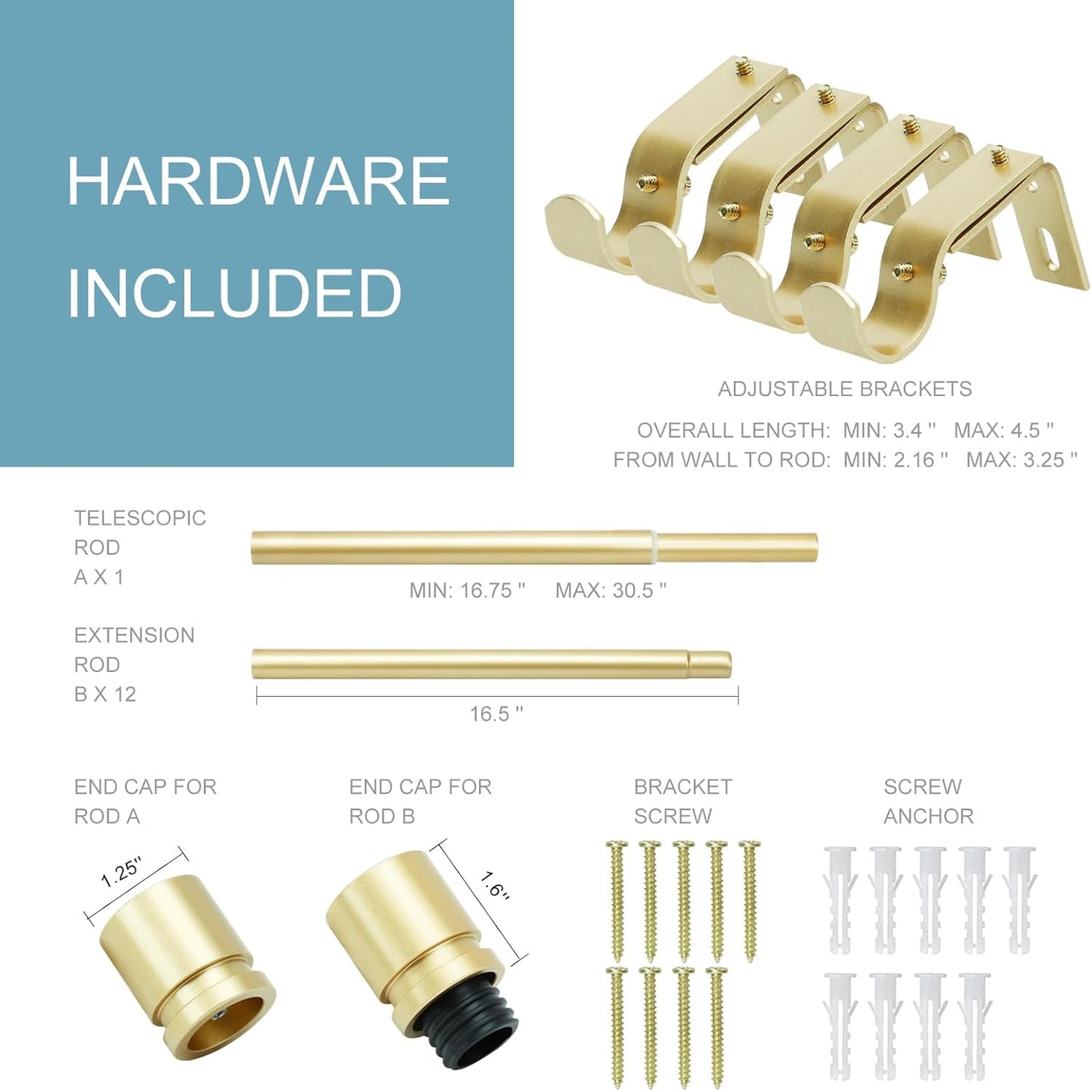 Byondeth Curtain Rods - Adjustable 16 to 200 Inches | 1 Inch Diameter with Elegant Aluminium Finials in Warm Gold