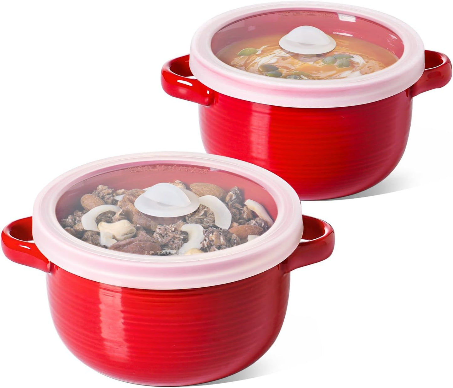LE TAUCI Soup Bowls - 28 oz Ceramic Ramen Bowls with Handles & Silicone Lids | Set of 2, Red, Microwavable & Oven Safe