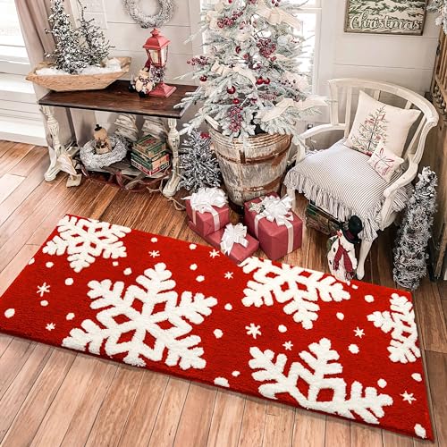 Dexde Christmas Red Runner Bath Mat 24”x60” Non-Slip Microfiber, Absorbent Bath Rug