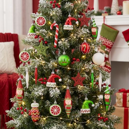 Valery Madelyn Elf Red Green Christmas Ball Ornaments Set - 40pcs Holiday Tree Decorations