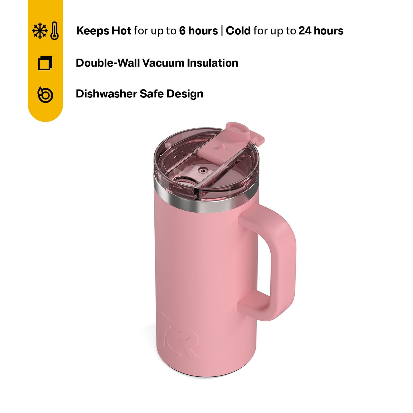 RTIC 16oz Road Trip Travel Mug with Lid and Handle, Ceramic Lined, Insulated, Stainless Steel, Metal, Double Wall Vacuum-Insulation, Portable Coffee, Tea Cup for Hot and Cold Drink, Dusty Rose