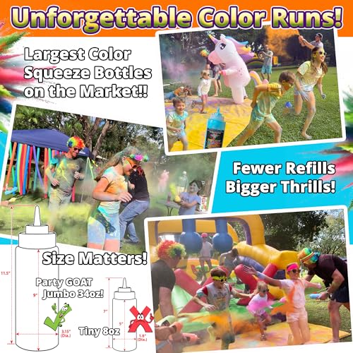 Party Goat 10 Pack XL 34oz Holi Color Powder Squeeze Bottles for Color Run & Festival