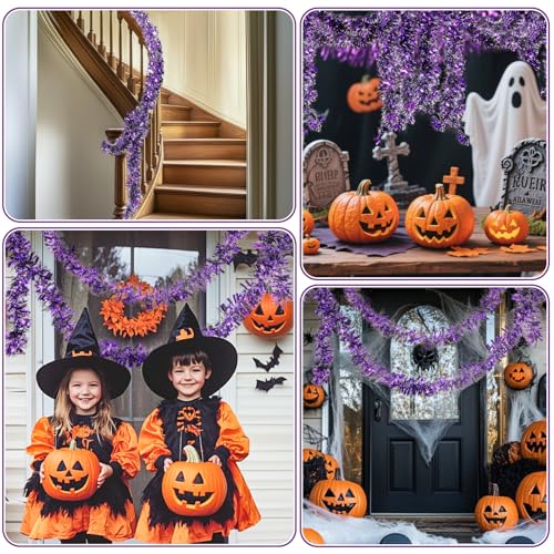 19.6FT Halloween Tinsel Garland - Halloween Garland Decorations Indoor Outdoor Glittering Purple Wall Decor with Foil Tassels Party Decorations Supplies for Mardi Gras and All-Season Parties