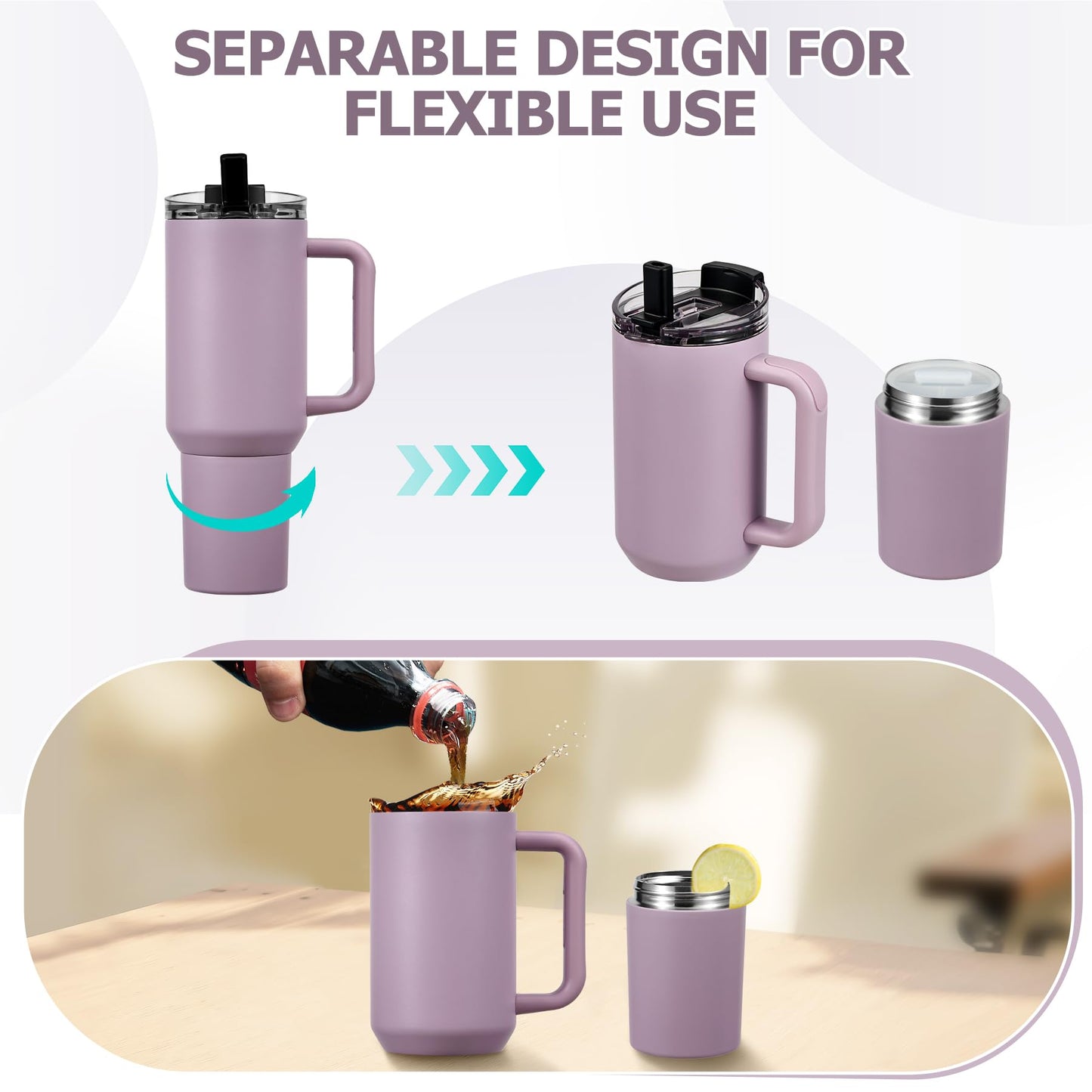 Pawtong 40oz Insulated Tumbler with 2-in-1 Lid and Straw, Bottom Detachable 2-in-1 Tumbler with Handle Stainless Steel Water Bottle Reusable Coffee Tumbler Travel Mug Wide Mouth Thermal Cup (Purple)