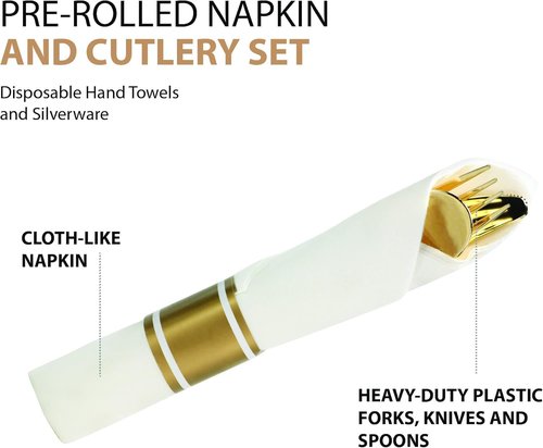 240 Pieces Pre Rolled Cutlery And Napkins Set with Heavy Duty Full Size Polished Gold Cutlery, 60 Forks, 60 Knives, 60 Spoons, In Rolled Napkins, for Weddings, Parties And Events