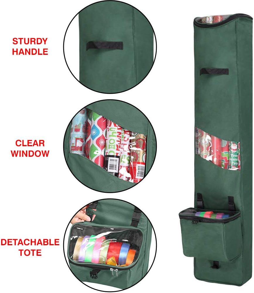 Primode Heavy Duty Christmas Gift Wrap Storage Bag - 600D Oxford Organizer with Detachable Tote | 48"x10"x5" (Green)