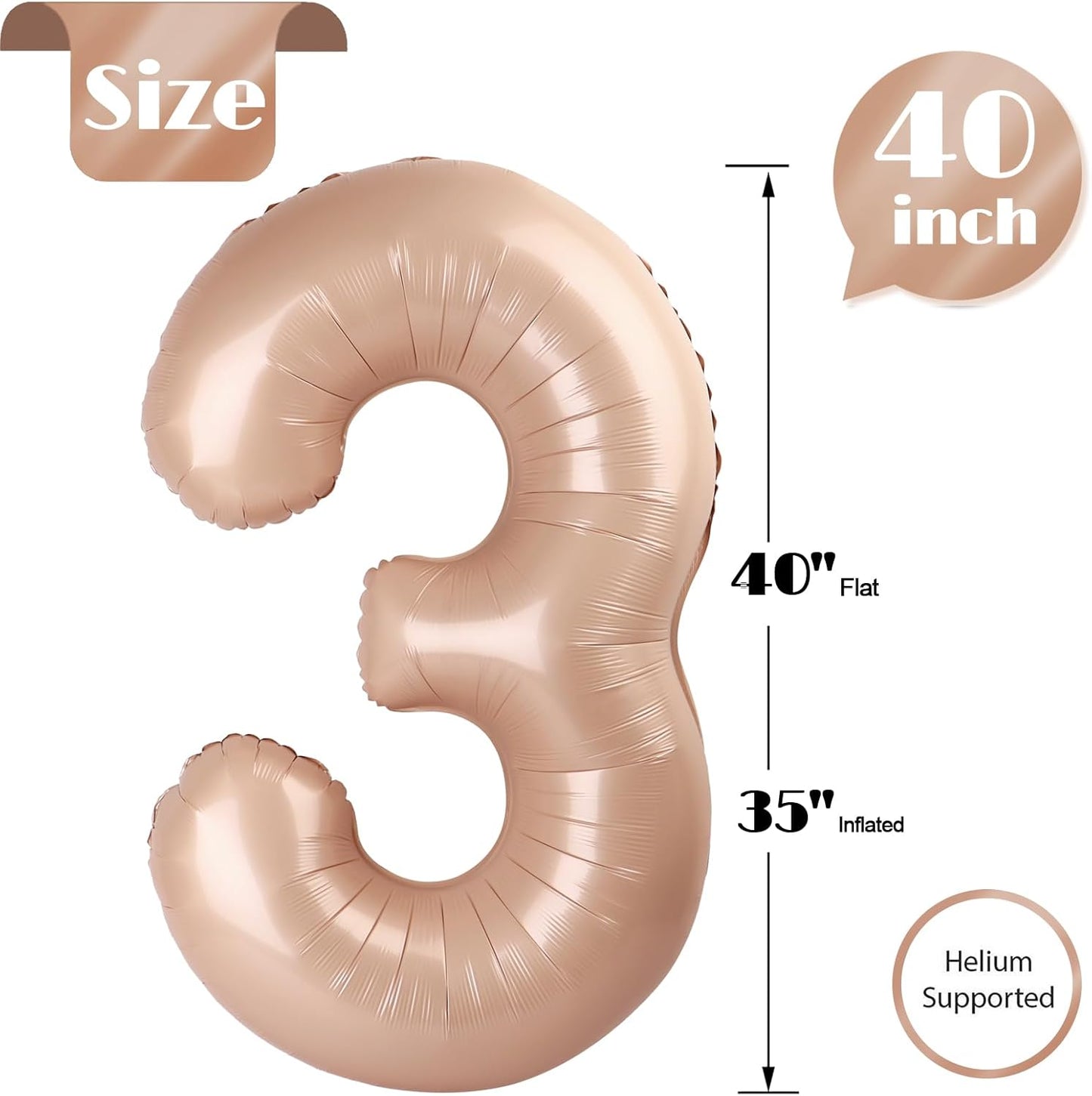 Light Brown 40-Inch Number 3 Balloon | Tan Birthday Decorations for Kids & Adults