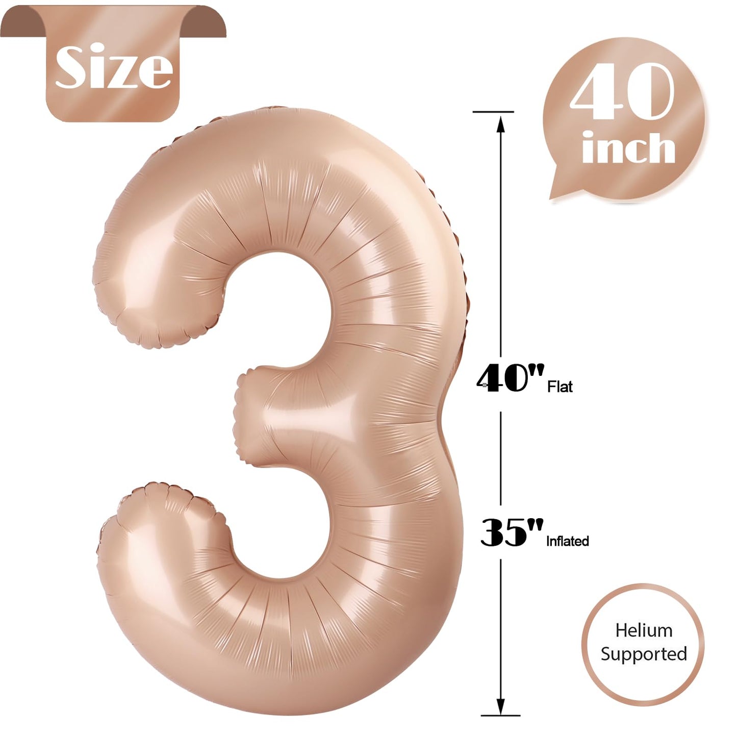 Light Brown 3 Balloon, Tan Number Balloons 40 Inch, Beige 3rd Birthday Decorations for Kids Girls Boys, Men Women Sandy Brown Party Supplies for Party Decorations, Khaki Number 3 Balloon
