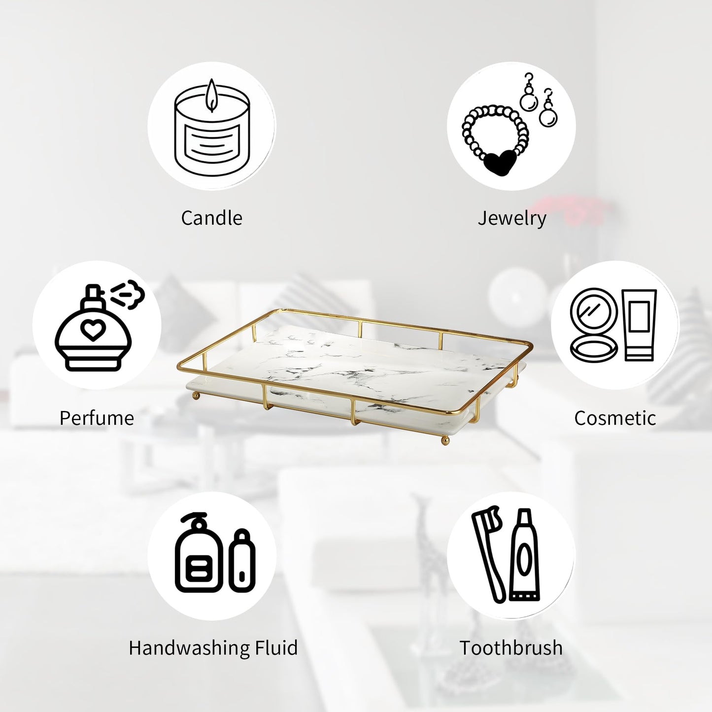 Dobbyby Vanity Tray Makeup Organizer Cosmetics Storage Bathroom Skincare Organizer Countertop Display Rack in Dresser Stainless Steel Shelf Marble Print Ceramic Trays