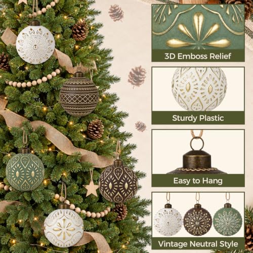 12 Pcs Textured Rustic Christmas Ornaments for Tree – Vintage Brown Green White Balls
