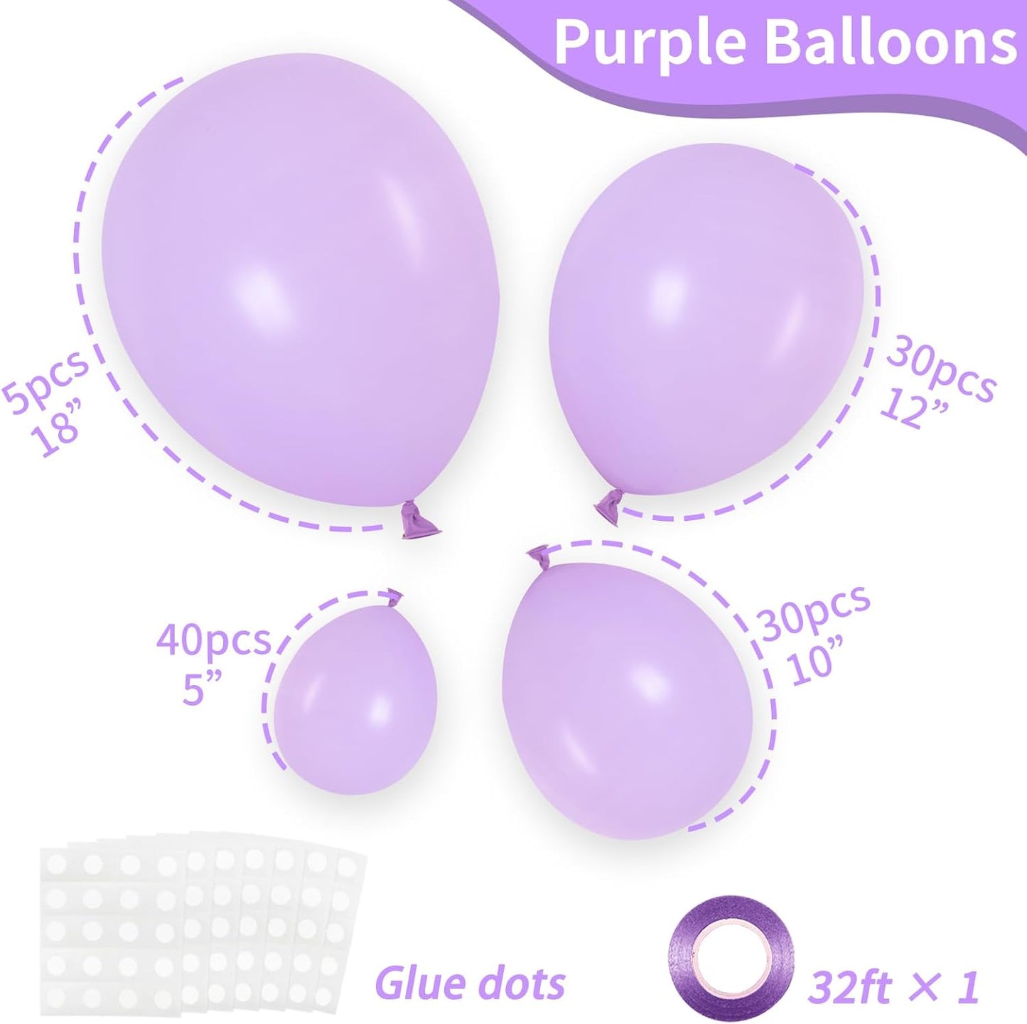 RUBFAC Lavender Purple Balloons - 105pcs in Various Sizes for Garland & Arch | Perfect for Birthday & Baby Shower Decor