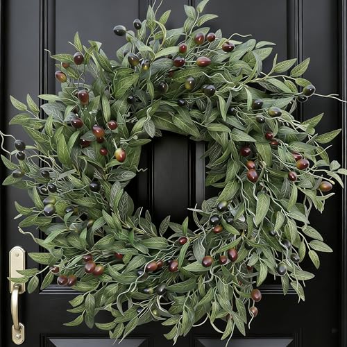 26 Inch Olive Wreath - Handmade Realistic Green Leaves & Berries for Front Door & Home Decor