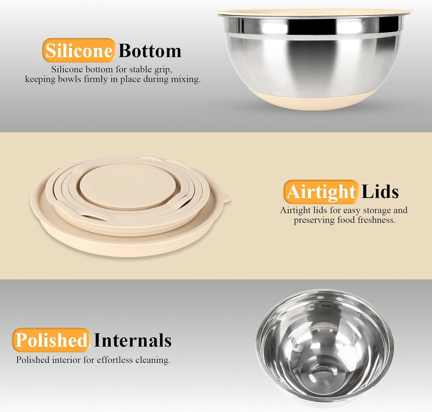 Regine Switzerland Mixing Bowls Set - 20 PCS Kitchen Gadgets with Airtight Lids & Non-Slip Silicone Bottoms | Stainless Steel & Grater Attachments, Khaki