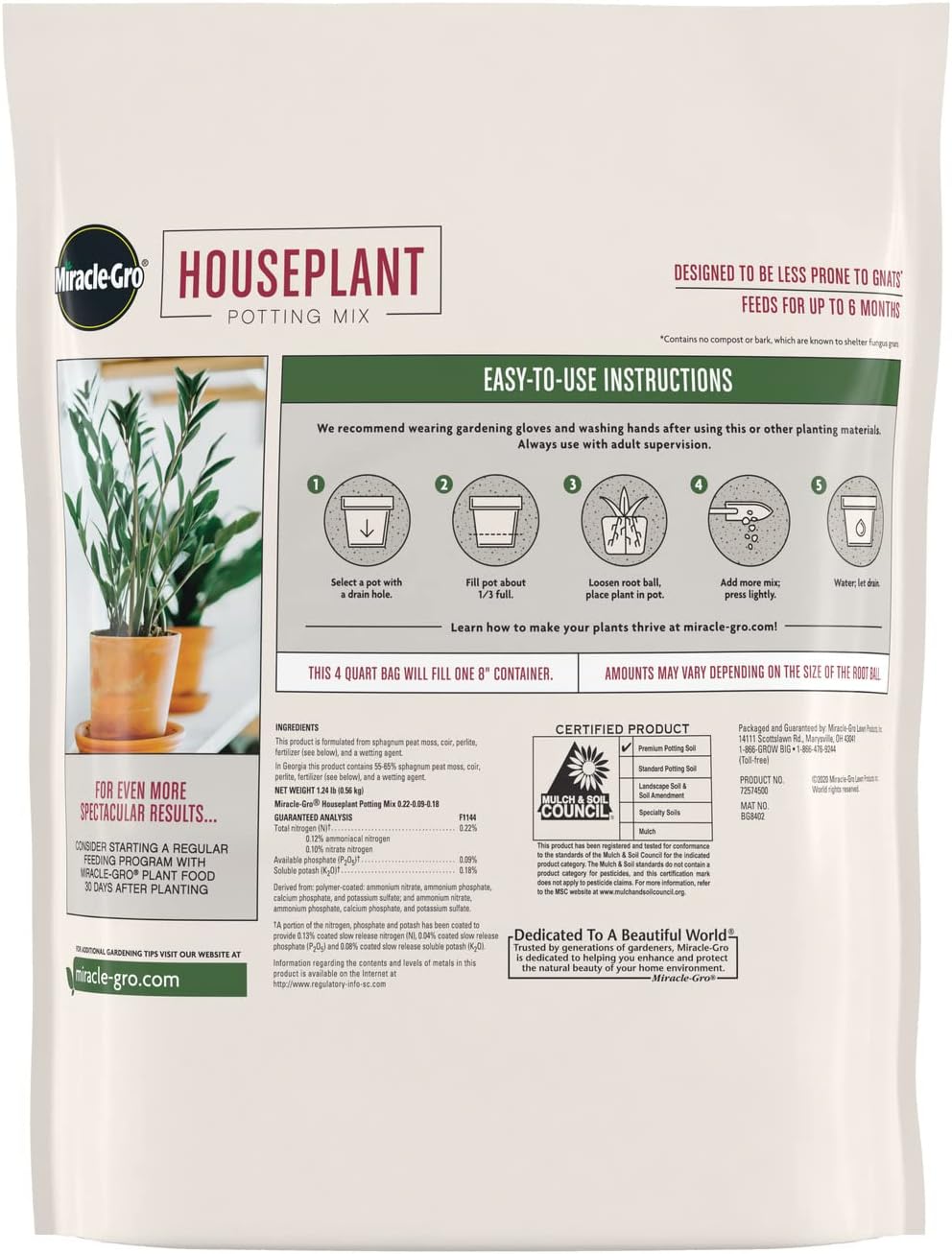 Miracle-Gro Houseplant Potting Mix - Fertilized Soil, Gnats Resistant - 4 Qt. (2-Pack)