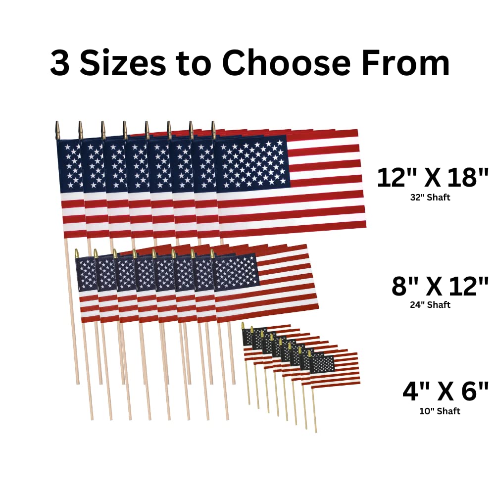 TUTARE 50 American Flags on Stick - Handheld Spearhead US Flag for 4th of July, Memorial Day Event Decorations - Patriotic Decor for Indoors & Yard - Wooden Stick, Cotton Fabric (4"X6" - 12 Pack)