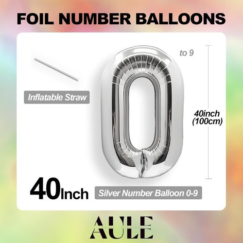 AULE 40-Inch Silver Foil Number Balloon | Jumbo 0-9 for Birthday & Anniversary Celebrations