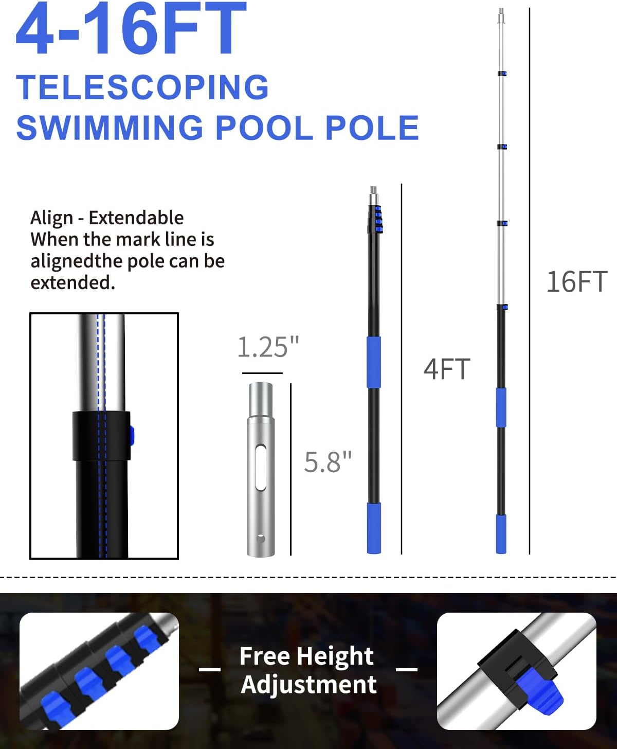 Skiennix 16FT Telescopic Swimming Pool Pole - Heavy Duty Aluminium, Adjustable 4 to 16 Feet