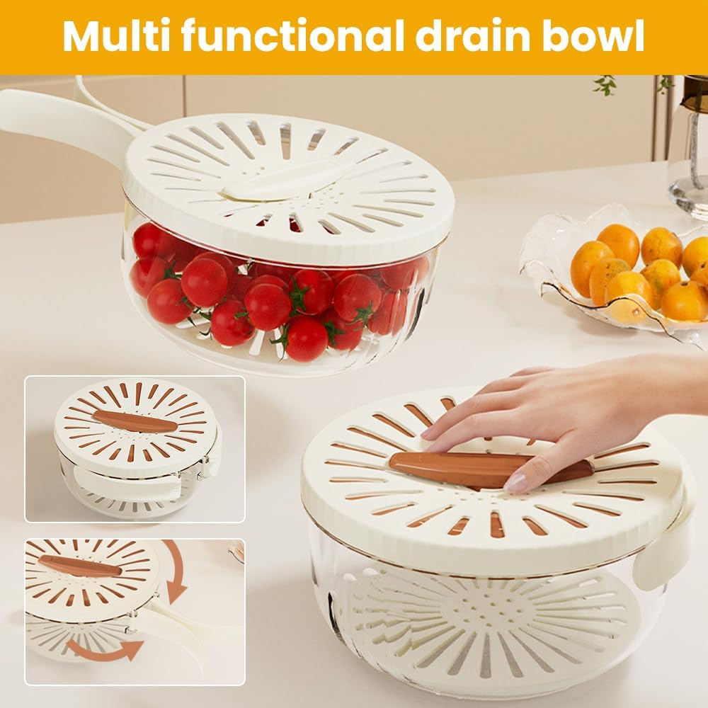 Skiennix Multifunctional Fruit Washing Bowl - 2025 Strainer Container with Lid & Handle (Brown)