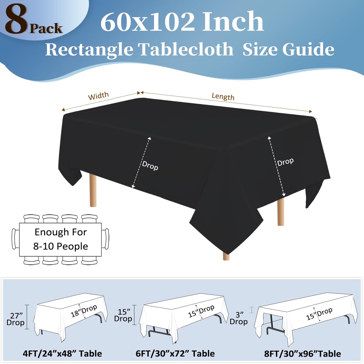 pepmily 8 Pack Black Tablecloths 60x102 Inch Table Cloths for 6 Foot Rectangle Tables, Wrinkle Resistant Washable Rectangular Fabric Table Cover for Dining Wedding Banquet Camping Party