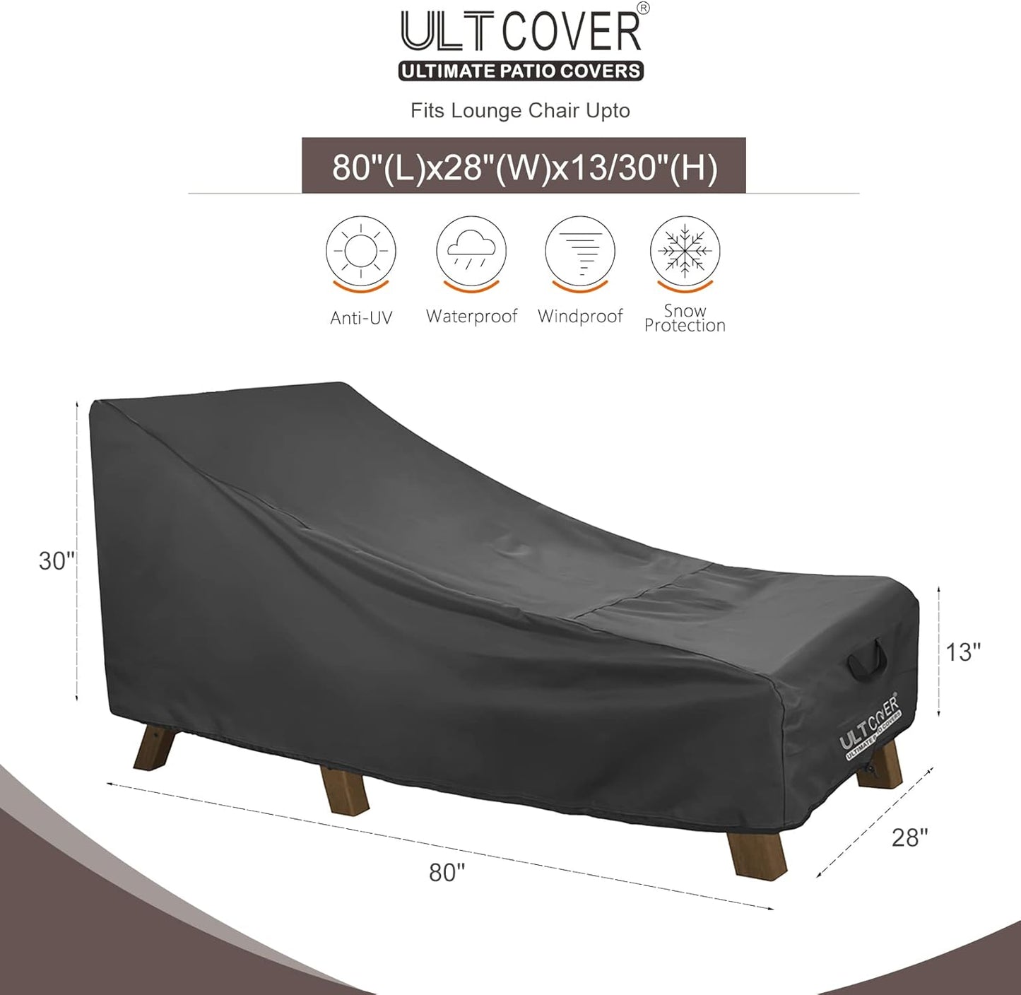 ULTCOVER Waterproof Patio Lounge Chair Covers - Heavy Duty 2 Pack, 80L x 28W x 30H Inch, Black