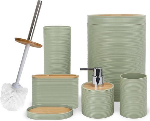 CERBIOR 6-Piece Bamboo Bathroom Accessories Set - Stylish Soap Dispenser, Toothbrush Holder & More | Sriral Green