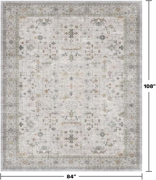 Hazo Haus Boho Light Grey Living Room Rug - Modern Floral Design, Washable Low Pile, 7x9 Size