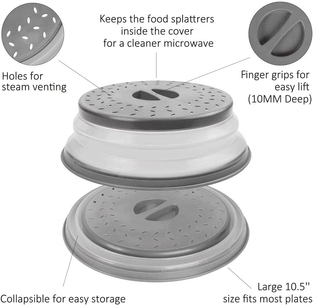 10.5" Microwave Splatter Cover for Food with 10" Mat, Collapsible & Vented Silicone Splatter Guard Lid with Handle Kitchen Gadget, Grey