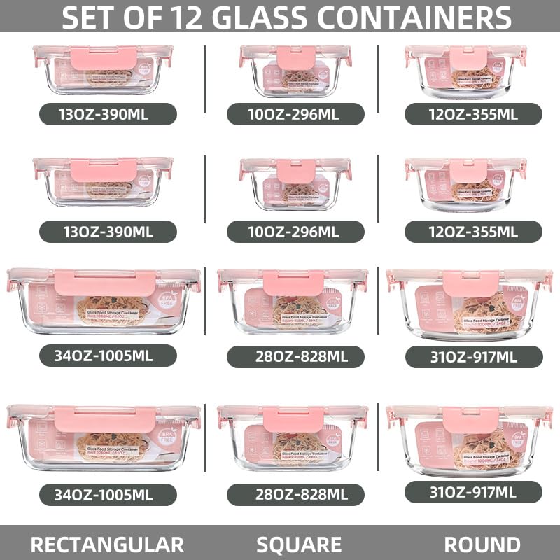 Pink Glass Storage Containers Set 12 Pack - Stackable Food Prep & Pantry Organizer