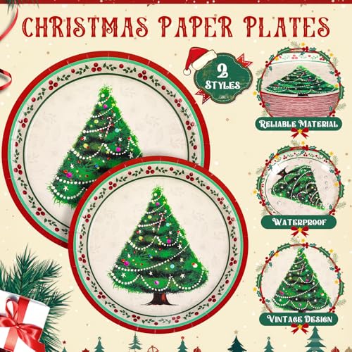 Retro Christmas Party Supplies Set for 50 Guests - Paper Plates, Napkins & Cups