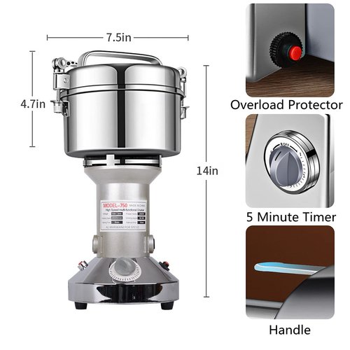 Grain Mill Grinder 750g High Speed Electric Stainless Steel Grinder Cereals Corn Flour Pulverizer Powder Machine for Dry Spice Herbs Grains Coffee Rice Pepper