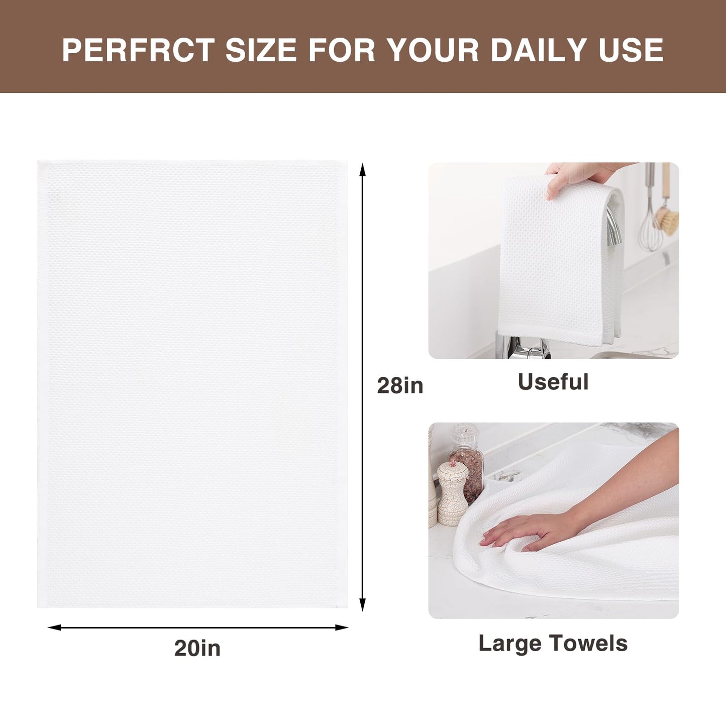 Homaxy 100% Cotton Oversized Waffle Weave Kitchen Dish Towels, Ultra Soft Absorbent Quick Drying Cleaning Towel, 20x28 Inches, 8-Pack, White