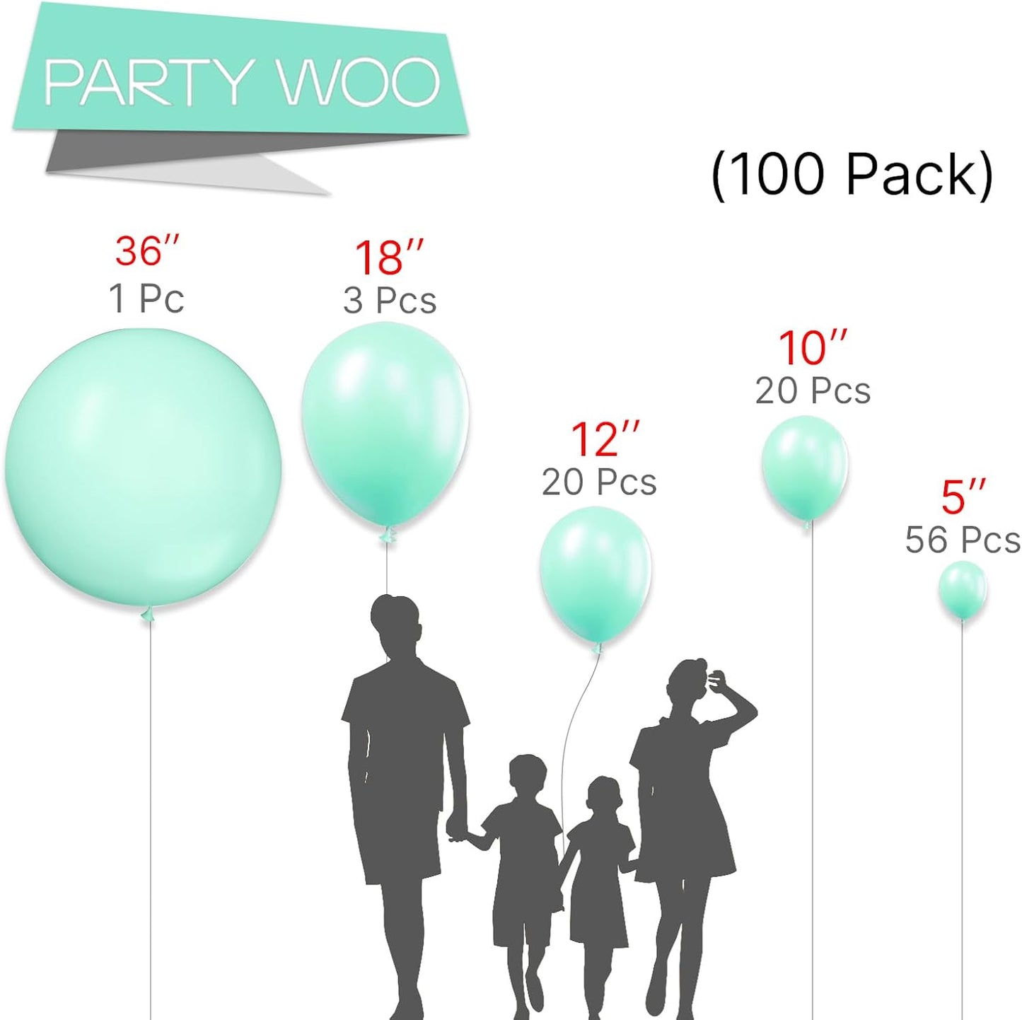 PartyWoo Mint Balloons - 100 Pcs Pastel Teal in Various Sizes for Stunning Balloon Garlands | Mint-Q03
