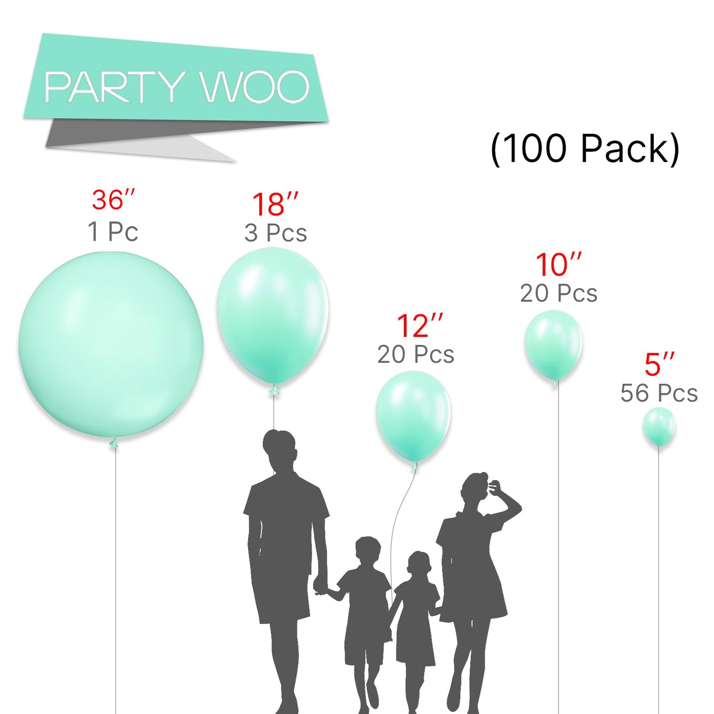 PartyWoo Mint Balloons, 100 pcs Pastel Teal Different Sizes Pack of 36 Inch 18 Inch 12 Inch 10 Inch 5 Inch Pastel Turquoise for Balloon Garland or Arch as Party Decorations, Mint-Q03
