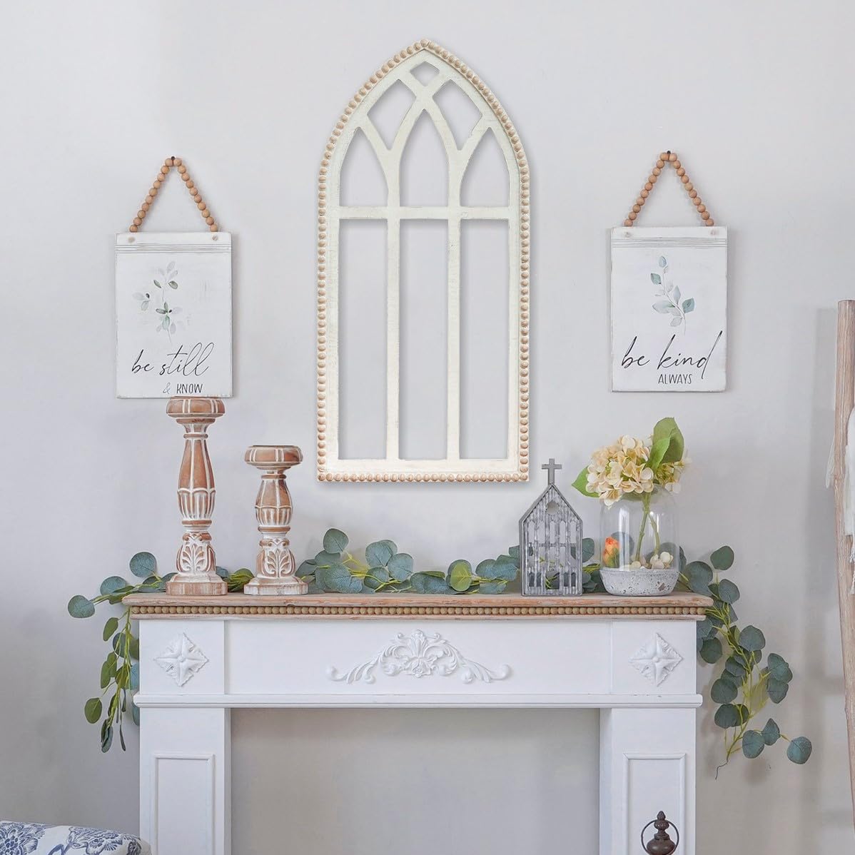Synovana Arched Wooden Window Frame Wall Decoration, Rustic Farmhouse Wood Window Pane Hanigng Art Decor, 42 inches Gothic Cathedral Style Spire Design Wall Mounted Fake Window Decor, Distressed White