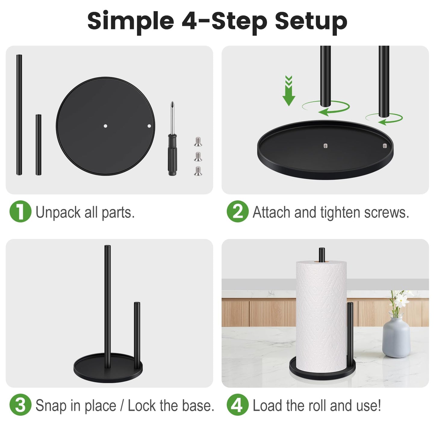 Black Paper Towel Holder Countertop, Paper Roll Holder Stand with Anti-Slip Weighted Base, Easy-Tear Papers Towel Rack Free Standing Tissue Dispenser for Bathroom Kitchen Organization RV Essentials