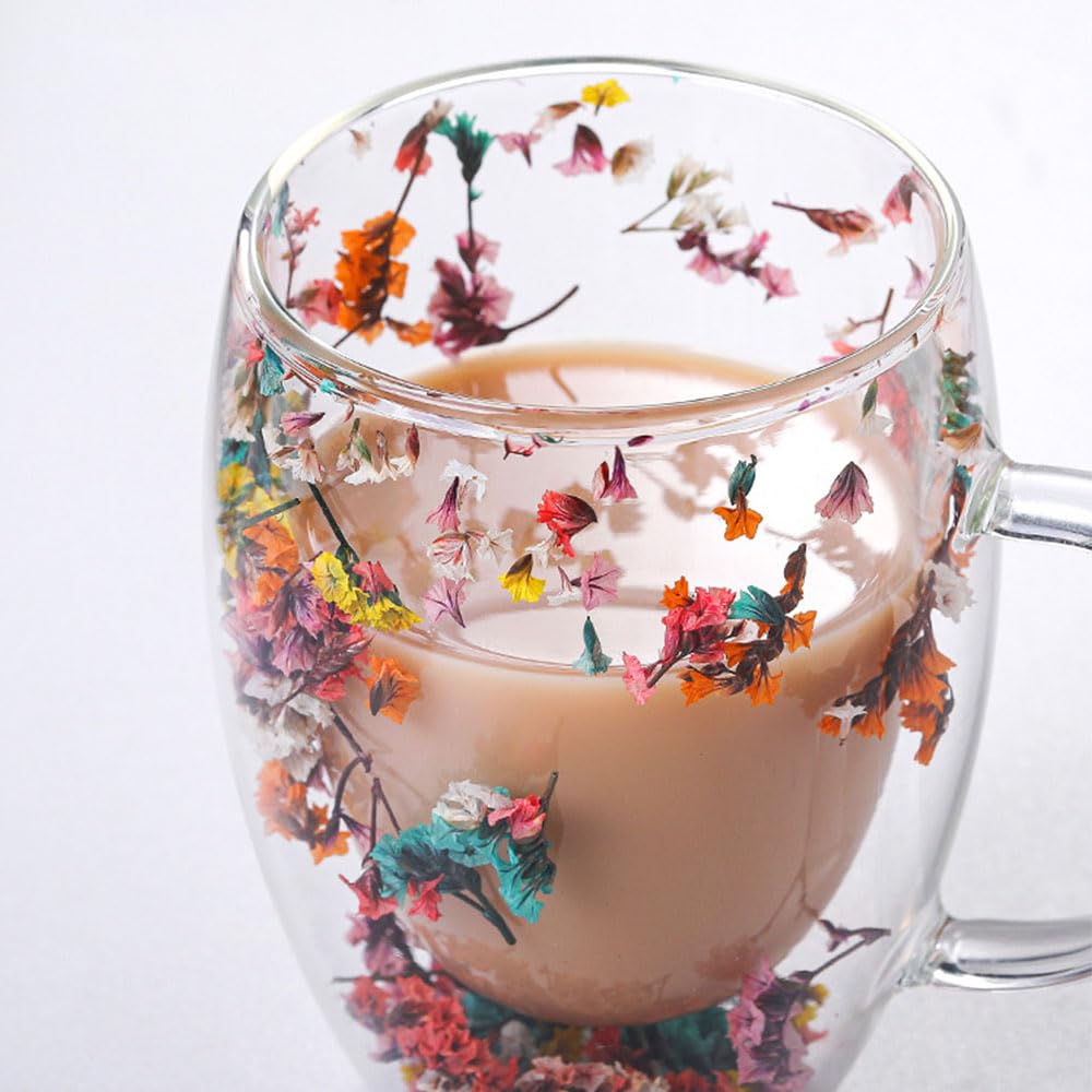 Myhiju Flower Double Wall Clear Glass Coffee Mugs Creative Clear Glass Cups with Handle Flowers Double Insulated Glass Cup for Hot Cold Beverages Cappuccino Latte, Espresso Juice Glass Coffee Cups