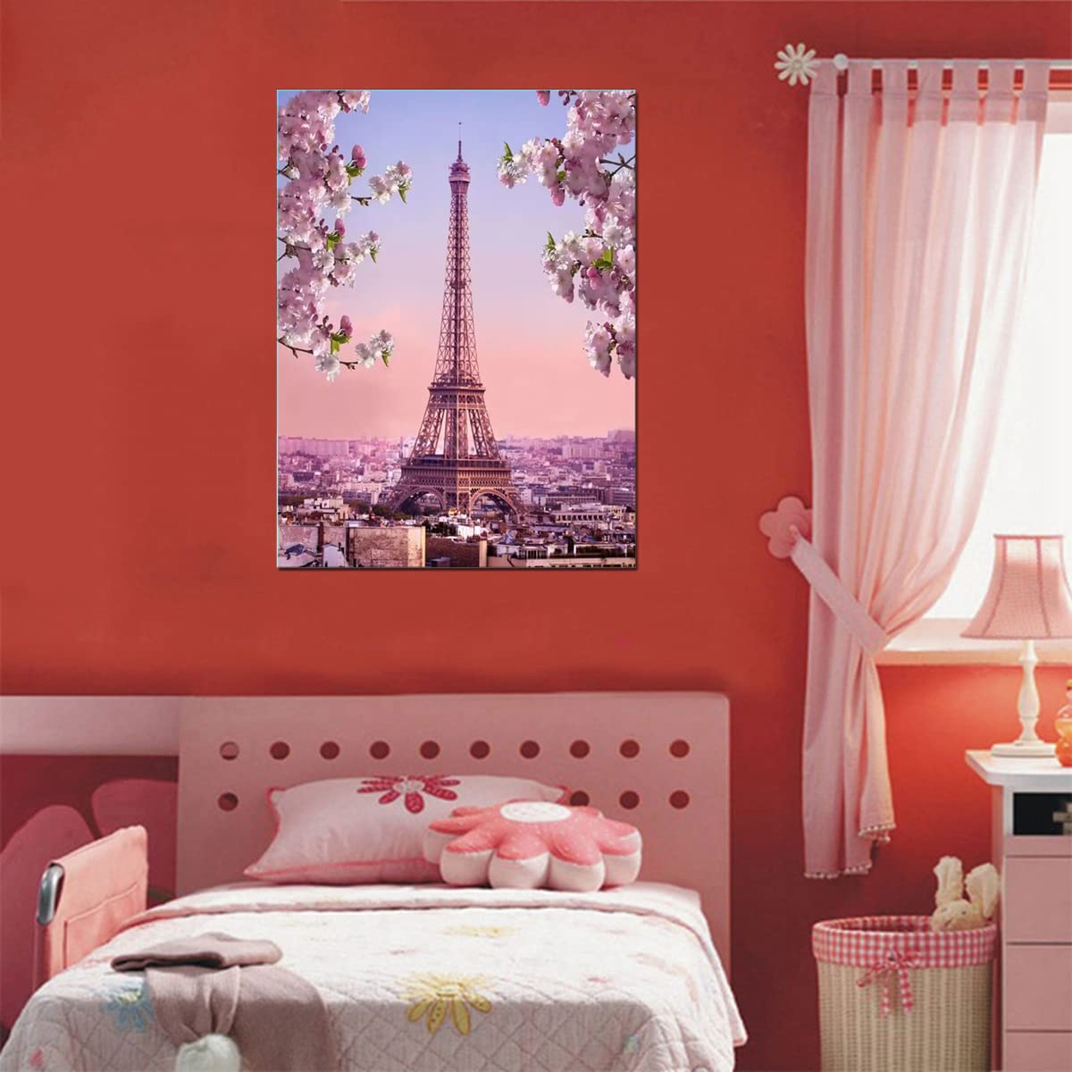 Pink Eiffel Tower Paris Office Girl Room Wall Art Pink Flower Blossoming Romantic Landscape Canvas Print for Home Decor Framed Large Artwork Love 24x36inch